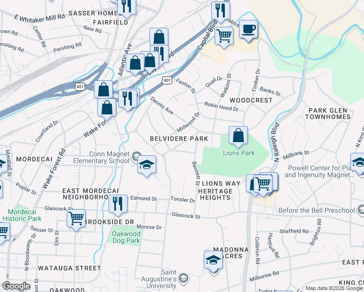 map of restaurants, bars, coffee shops, grocery stores, and more near in Raleigh