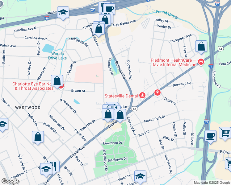map of restaurants, bars, coffee shops, grocery stores, and more near 929 Restmore Lane in Statesville