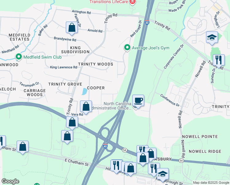 map of restaurants, bars, coffee shops, grocery stores, and more near 6012 Mullens Drive in Cary