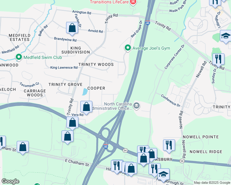 map of restaurants, bars, coffee shops, grocery stores, and more near 6012 Mullens Drive in Cary