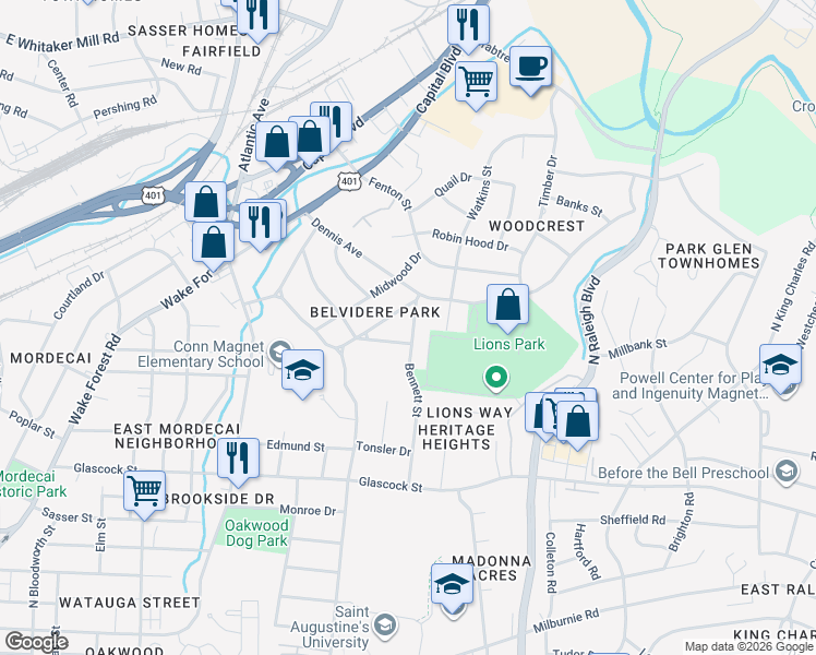 map of restaurants, bars, coffee shops, grocery stores, and more near 1801 Bennett Street in Raleigh