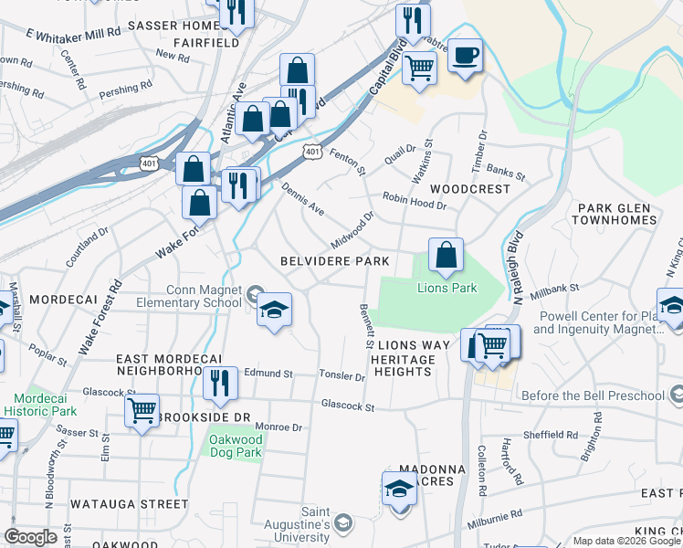 map of restaurants, bars, coffee shops, grocery stores, and more near in Raleigh