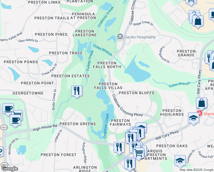 map of restaurants, bars, coffee shops, grocery stores, and more near 730 Crabtree Crossing Parkway in Cary