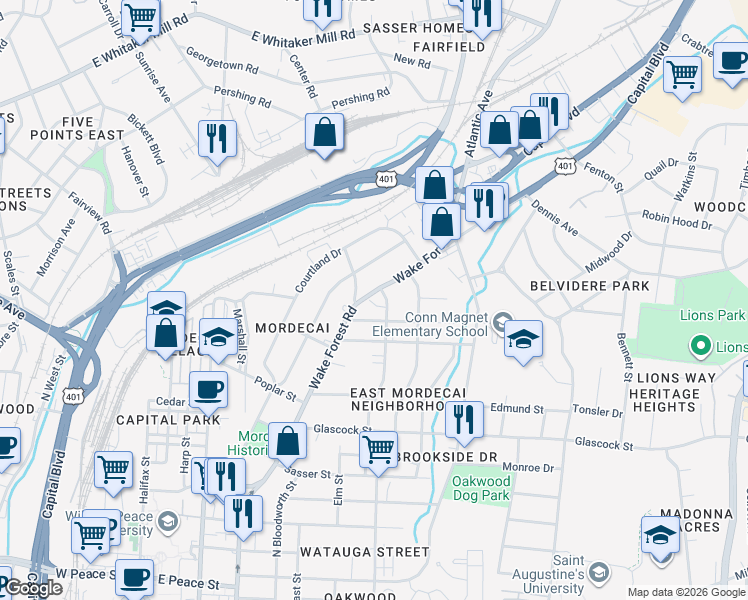 map of restaurants, bars, coffee shops, grocery stores, and more near 1406 Wake Forest Road in Raleigh