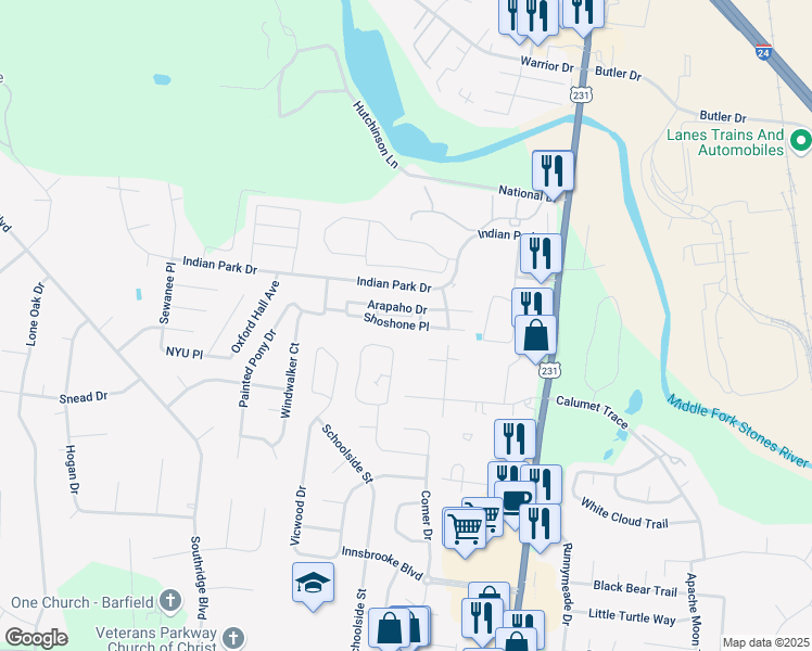 map of restaurants, bars, coffee shops, grocery stores, and more near 238 Shoshone Pl in Murfreesboro