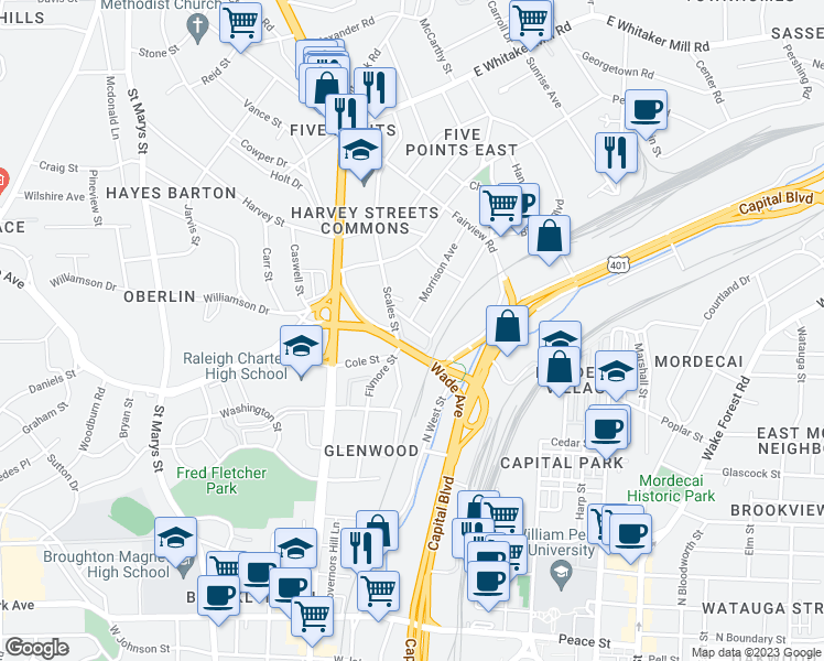 map of restaurants, bars, coffee shops, grocery stores, and more near 1460 Barton Place Drive in Raleigh
