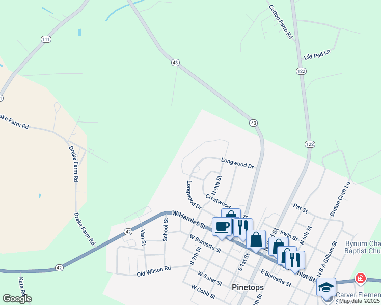 map of restaurants, bars, coffee shops, grocery stores, and more near Arbor Lane in Pinetops
