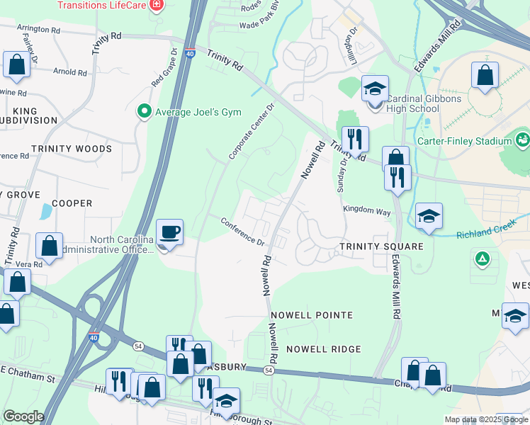 map of restaurants, bars, coffee shops, grocery stores, and more near 1201 Pine Haven Drive in Raleigh