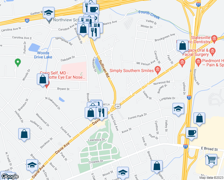 map of restaurants, bars, coffee shops, grocery stores, and more near 441 Sullivan Road in Statesville