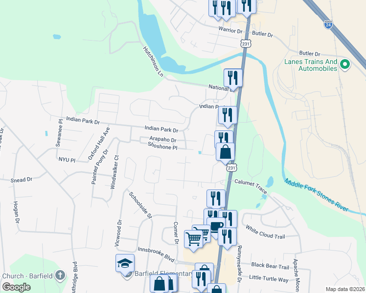 map of restaurants, bars, coffee shops, grocery stores, and more near 301 Shoshone Place in Murfreesboro
