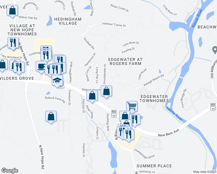 map of restaurants, bars, coffee shops, grocery stores, and more near 2007 Swimming Hole Circle in Raleigh