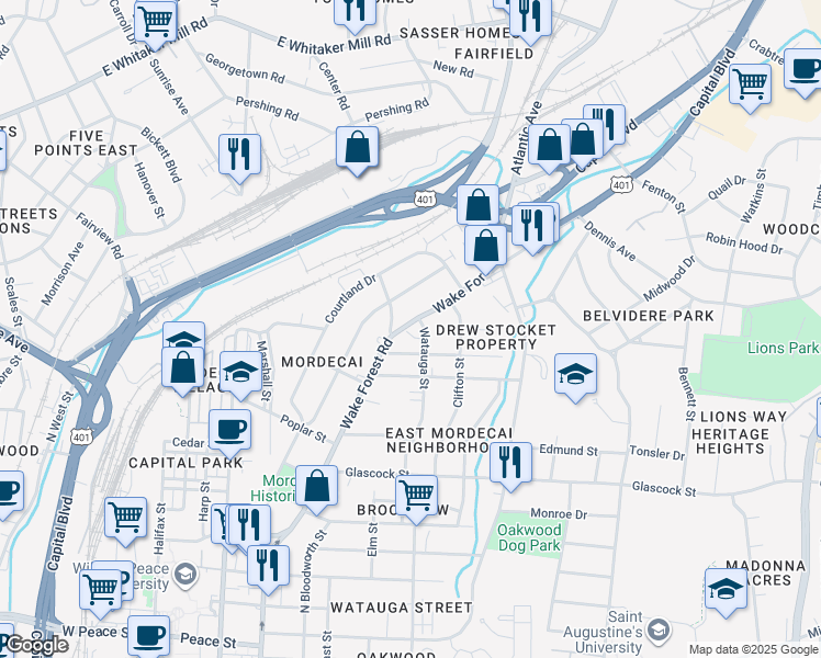 map of restaurants, bars, coffee shops, grocery stores, and more near 1406 Wake Forest Road in Raleigh