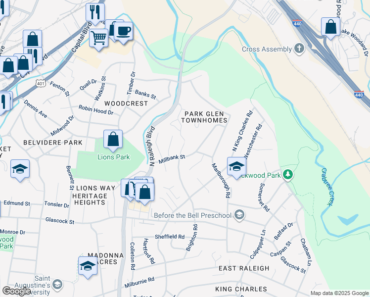 map of restaurants, bars, coffee shops, grocery stores, and more near 1208 Brighton Road in Raleigh