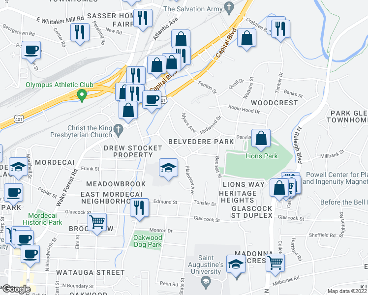 map of restaurants, bars, coffee shops, grocery stores, and more near 1706 Midwood Drive in Raleigh