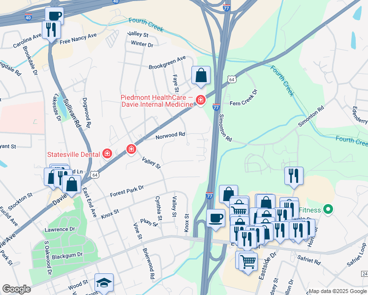 map of restaurants, bars, coffee shops, grocery stores, and more near 710 Wils Way in Statesville