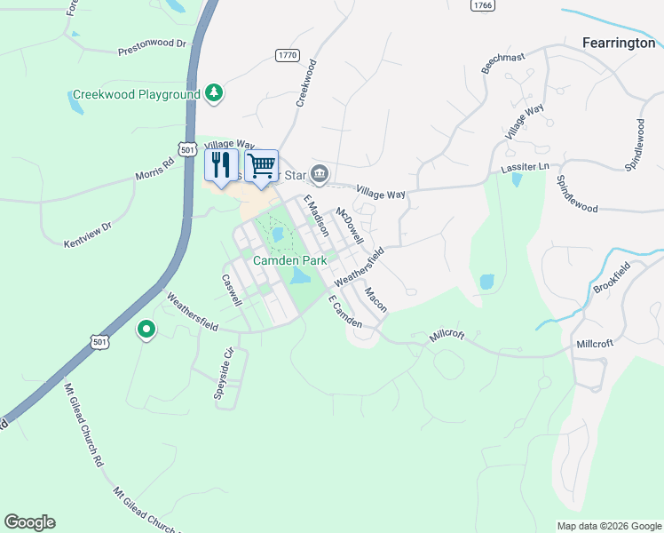 map of restaurants, bars, coffee shops, grocery stores, and more near 25 East Camden in Pittsboro