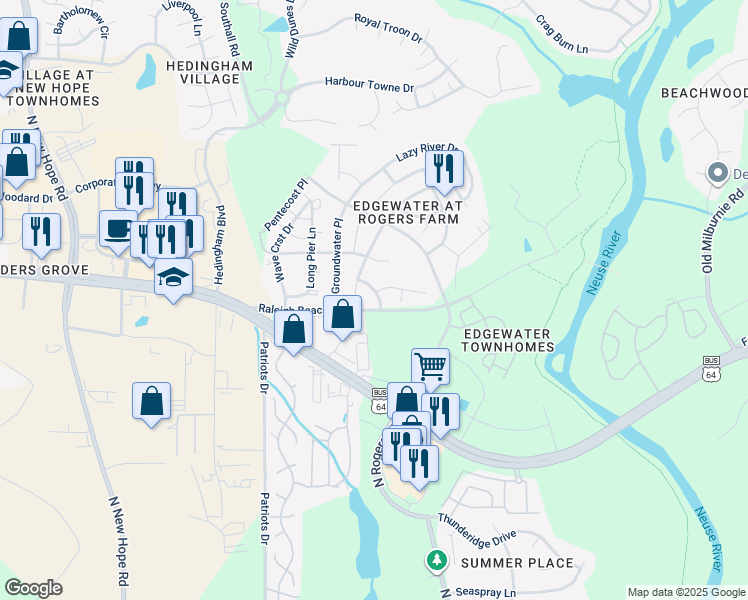 map of restaurants, bars, coffee shops, grocery stores, and more near 5026 Reservoir Road in Raleigh