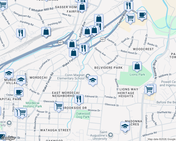 map of restaurants, bars, coffee shops, grocery stores, and more near 1410 Brookside Drive in Raleigh