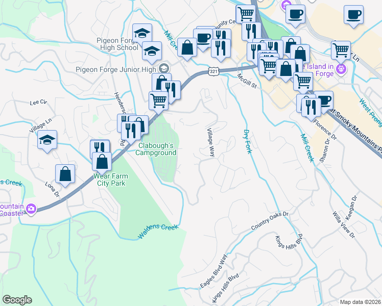map of restaurants, bars, coffee shops, grocery stores, and more near 425 Stone Ridge Way in Pigeon Forge