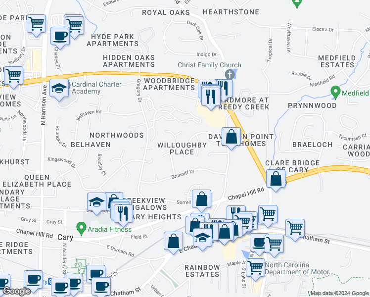map of restaurants, bars, coffee shops, grocery stores, and more near 101 Abbott Lane in Cary
