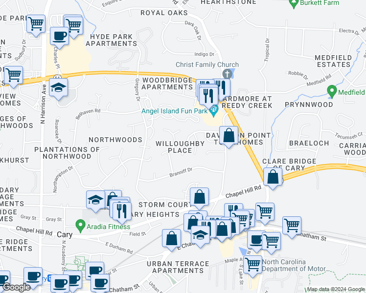 map of restaurants, bars, coffee shops, grocery stores, and more near 101 Abbott Lane in Cary