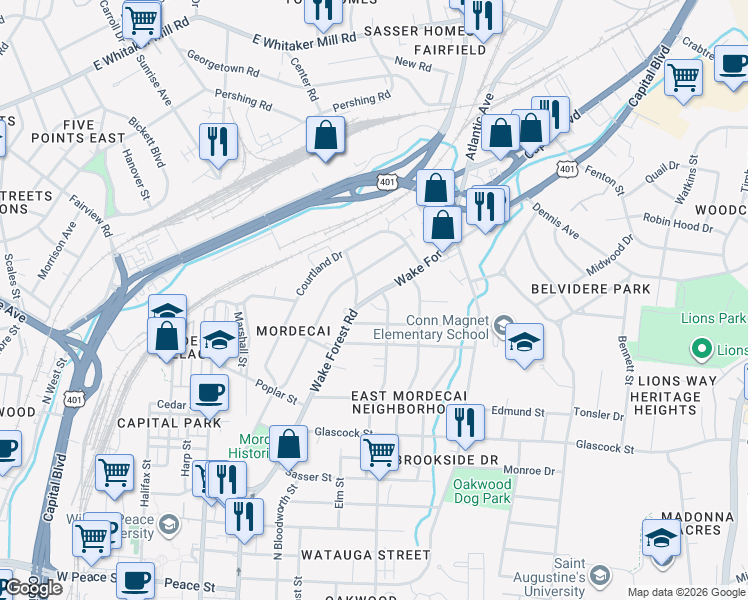 map of restaurants, bars, coffee shops, grocery stores, and more near 1406 Wake Forest Road in Raleigh