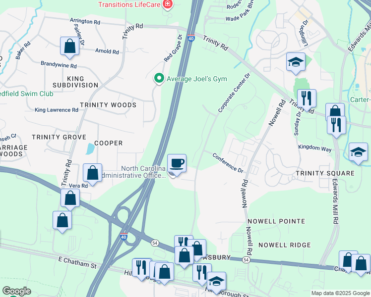 map of restaurants, bars, coffee shops, grocery stores, and more near 937-999 Corporate Center Drive in Raleigh