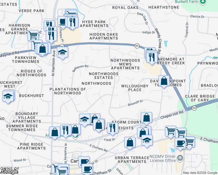 map of restaurants, bars, coffee shops, grocery stores, and more near 110 King James Court in Cary