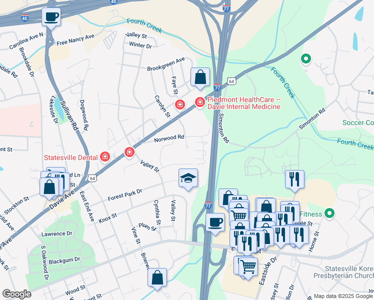 map of restaurants, bars, coffee shops, grocery stores, and more near 710 Wils Way in Statesville