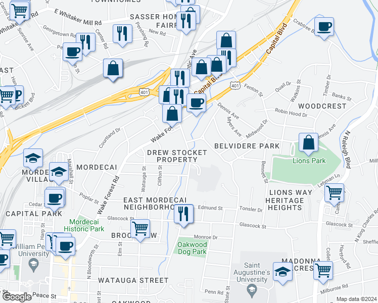 map of restaurants, bars, coffee shops, grocery stores, and more near 1414 Brookside Drive in Raleigh