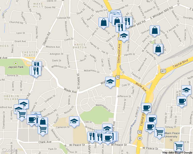map of restaurants, bars, coffee shops, grocery stores, and more near 907 Williamson Drive in Raleigh