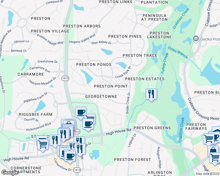 map of restaurants, bars, coffee shops, grocery stores, and more near 209 Council Gap Court in Cary