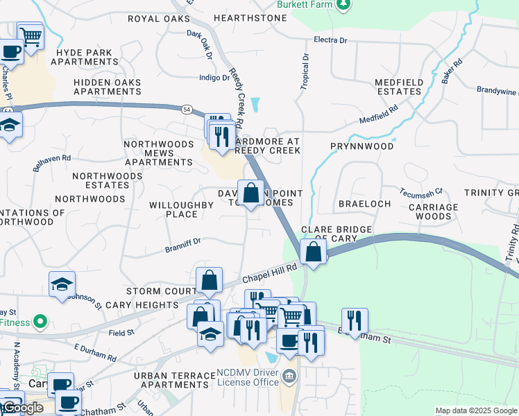 map of restaurants, bars, coffee shops, grocery stores, and more near 716 Ennis Creek Lane in Cary
