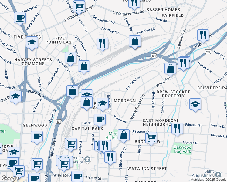 map of restaurants, bars, coffee shops, grocery stores, and more near 1240 Marshall Street in Raleigh