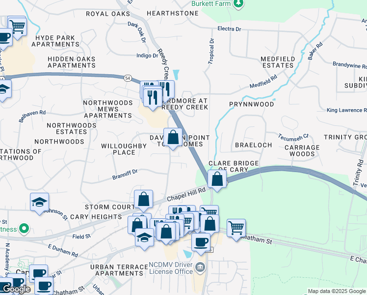 map of restaurants, bars, coffee shops, grocery stores, and more near 724 Ennis Creek Lane in Cary