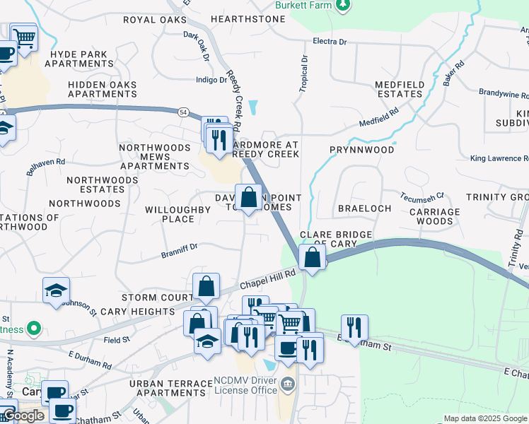 map of restaurants, bars, coffee shops, grocery stores, and more near 724 Ennis Creek Lane in Cary