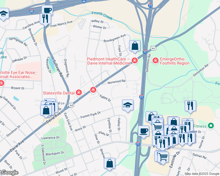 map of restaurants, bars, coffee shops, grocery stores, and more near 1500 Davie Avenue in Statesville