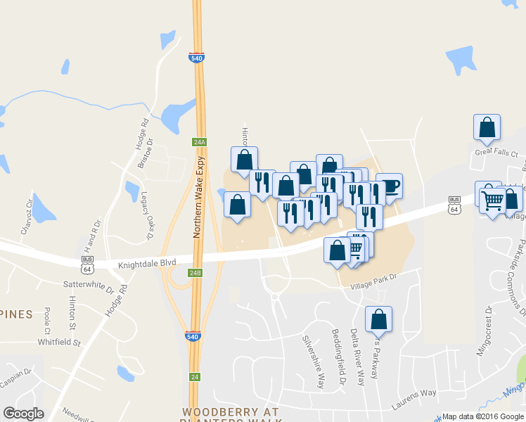 map of restaurants, bars, coffee shops, grocery stores, and more near 220 Hinton Oaks Boulevard in Knightdale