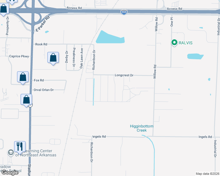 map of restaurants, bars, coffee shops, grocery stores, and more near 3824 Remington Drive in Jonesboro