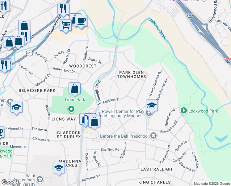 map of restaurants, bars, coffee shops, grocery stores, and more near 1206 Downing Road in Raleigh