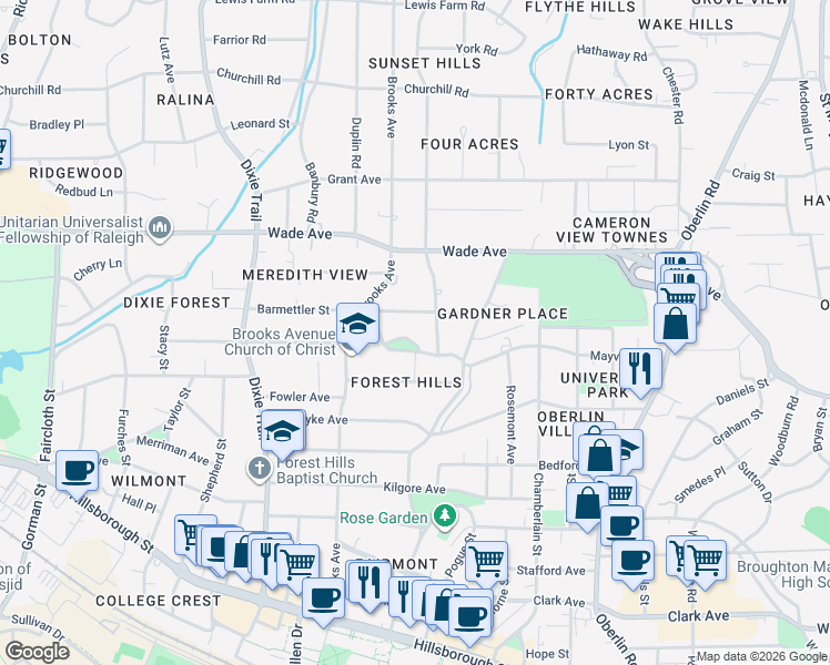 map of restaurants, bars, coffee shops, grocery stores, and more near 2710 North Mayview Road in Raleigh