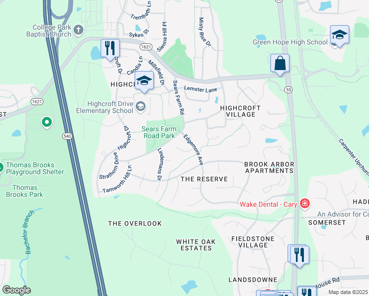 map of restaurants, bars, coffee shops, grocery stores, and more near 109 Ballatore Court in Cary