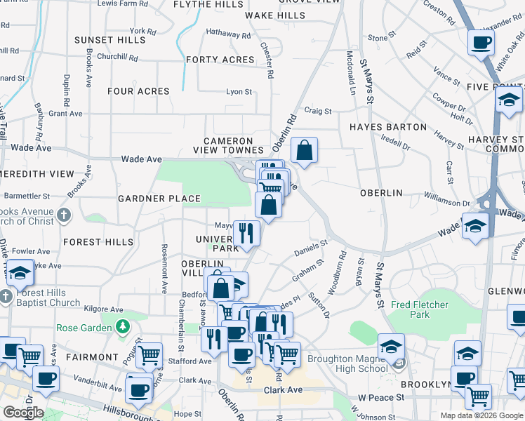 map of restaurants, bars, coffee shops, grocery stores, and more near 1027 Oberlin Road in Raleigh