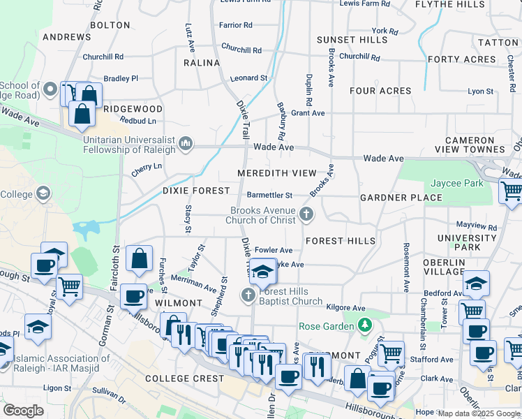 map of restaurants, bars, coffee shops, grocery stores, and more near 2824 Mayview Road in Raleigh