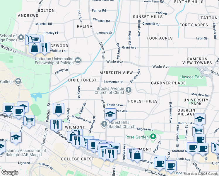 map of restaurants, bars, coffee shops, grocery stores, and more near 2824 Mayview Road in Raleigh