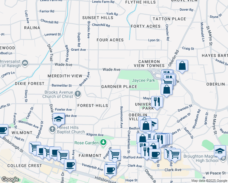 map of restaurants, bars, coffee shops, grocery stores, and more near 2536 Ashley Court in Raleigh