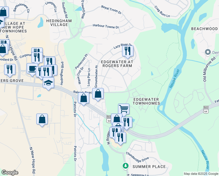 map of restaurants, bars, coffee shops, grocery stores, and more near 5102 Wetlands Drive in Raleigh