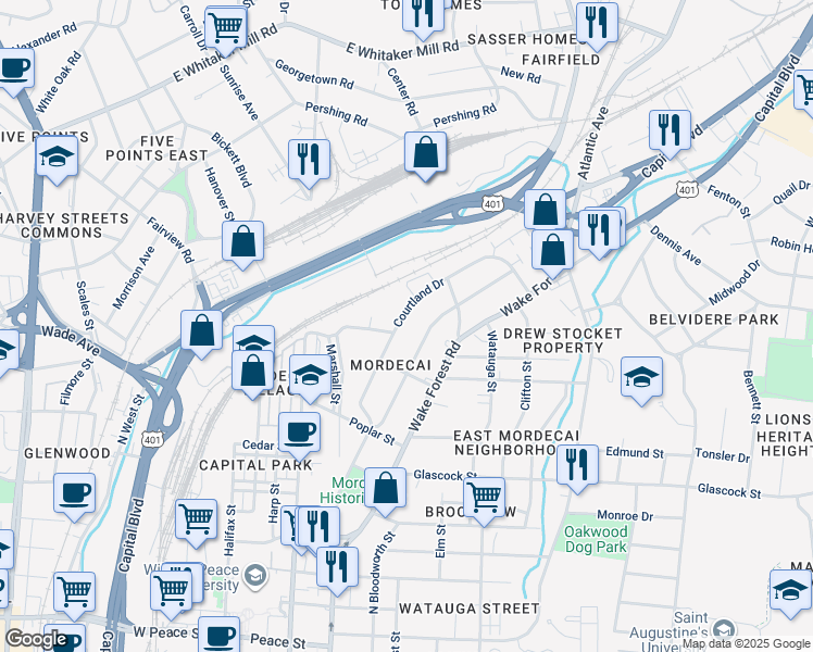 map of restaurants, bars, coffee shops, grocery stores, and more near 1320 Courtland Drive in Raleigh