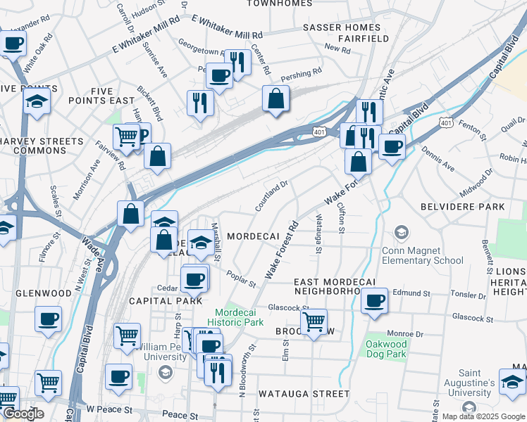 map of restaurants, bars, coffee shops, grocery stores, and more near 1320 Courtland Drive in Raleigh