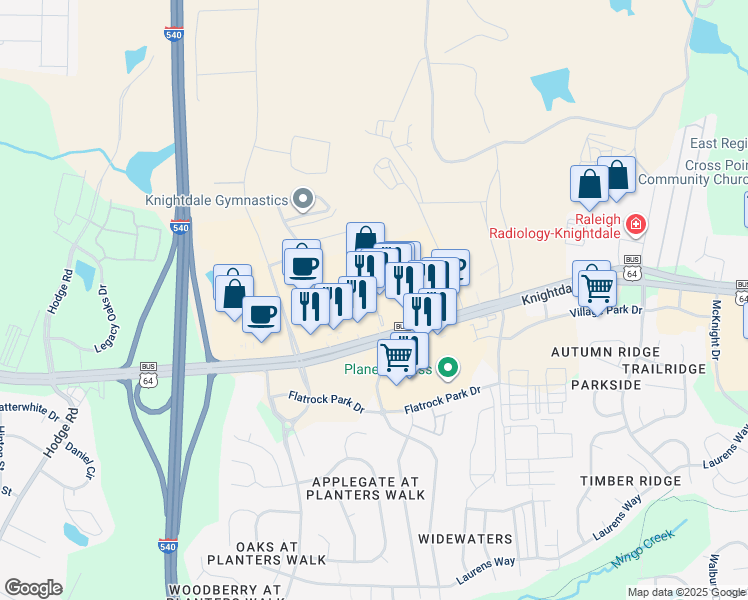 map of restaurants, bars, coffee shops, grocery stores, and more near Shoppes At Midway Drive in Raleigh